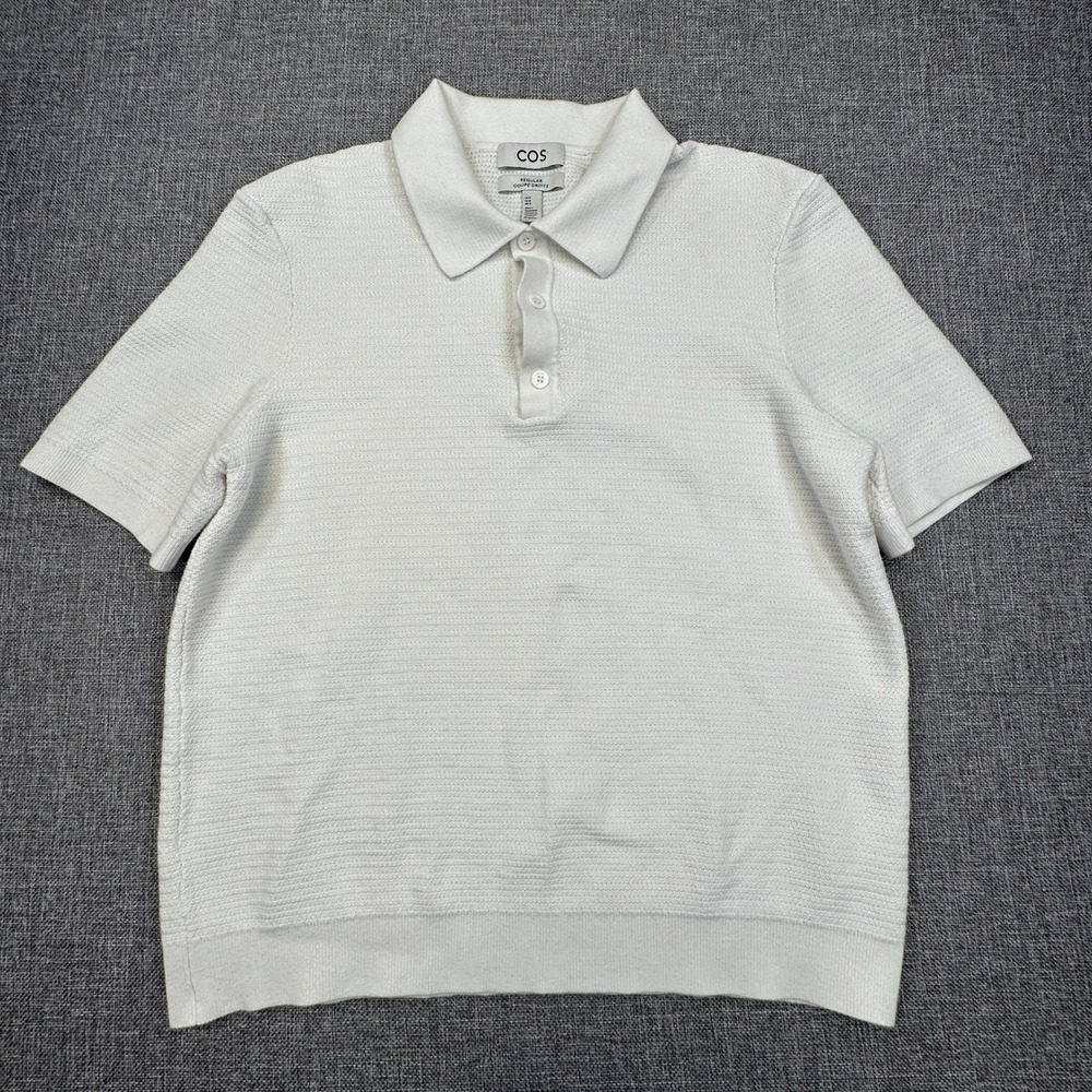 COS Textured Knitted Polo Shirt Mens Medium White Regular Fit Textured‎ Cotton